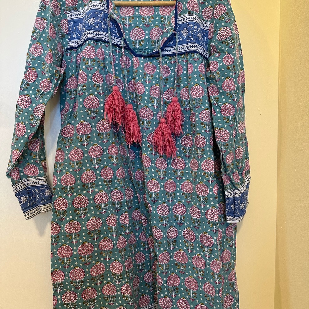 SZ Blockprint Tunic Dress/Coverup in Teal and Pink - Picture 2 of 6